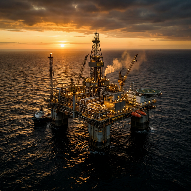 Offshore oil rig at sunset